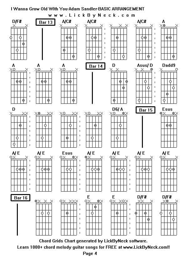 Chord Grids Chart of chord melody fingerstyle guitar song-I Wanna Grow Old With You-Adam Sandler-BASIC ARRANGEMENT,generated by LickByNeck software.